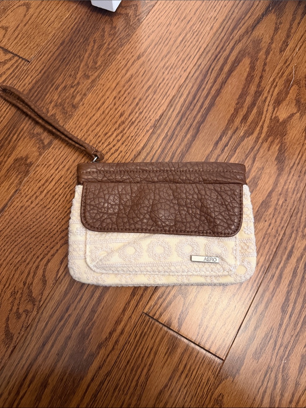 Aeropostale Brown Leather and Cream Fabric Wristlet